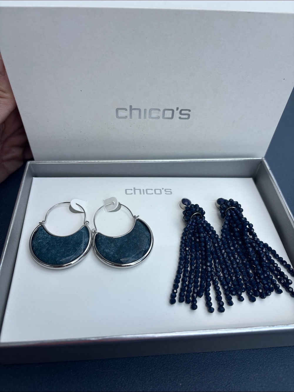 Chico's Navy Stone Hoop Earrings and Navy Beaded Tassel Earrings Set